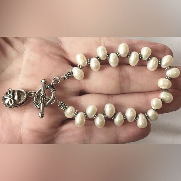 925 Pearl with black sapphire bootie charm bracelet 7 1/4” - Picture 11 of 11